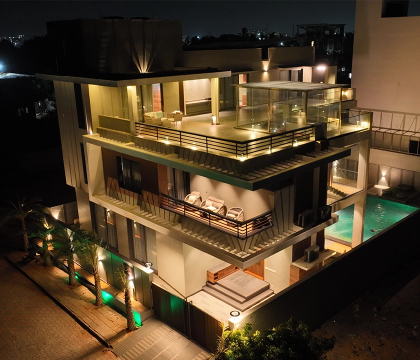 Exterior view of Empire Anand luxury beach villa near Kovalam Beach, ECR Chennai.