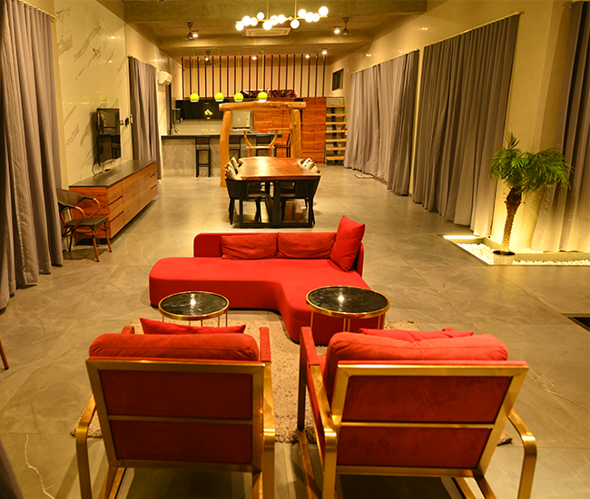 Premium living room interior of luxury beach villa in Kovalam, ECR Chennai.