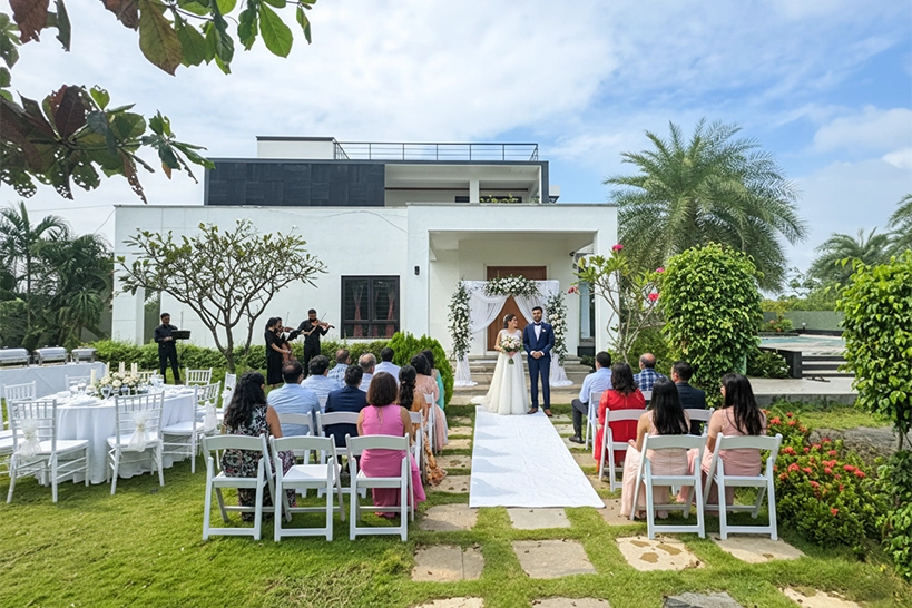 Luxury beach villas in ECR, Chennai offering private wedding and haldi celebrations with lawn stay and pool