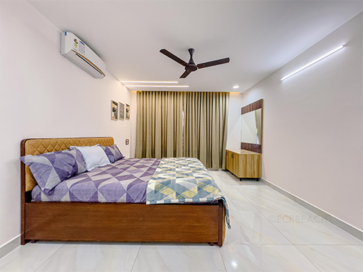 Luxury bedroom at Breezyy Bayy Villa in ECR Chennai ensures peaceful rest and modern comfort