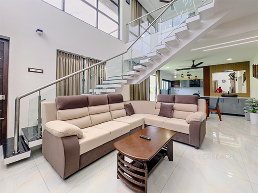 Spacious living area in Breezyy Bayy Villa at ECR Chennai supports relaxed family and group stays