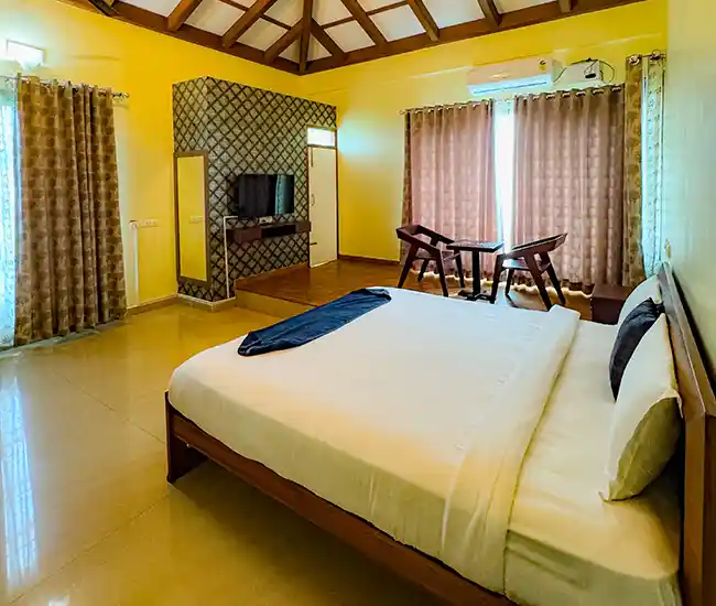 Luxury bedroom setup at Amrith Palace villa on ECR Chennai with elegant design and comfort.